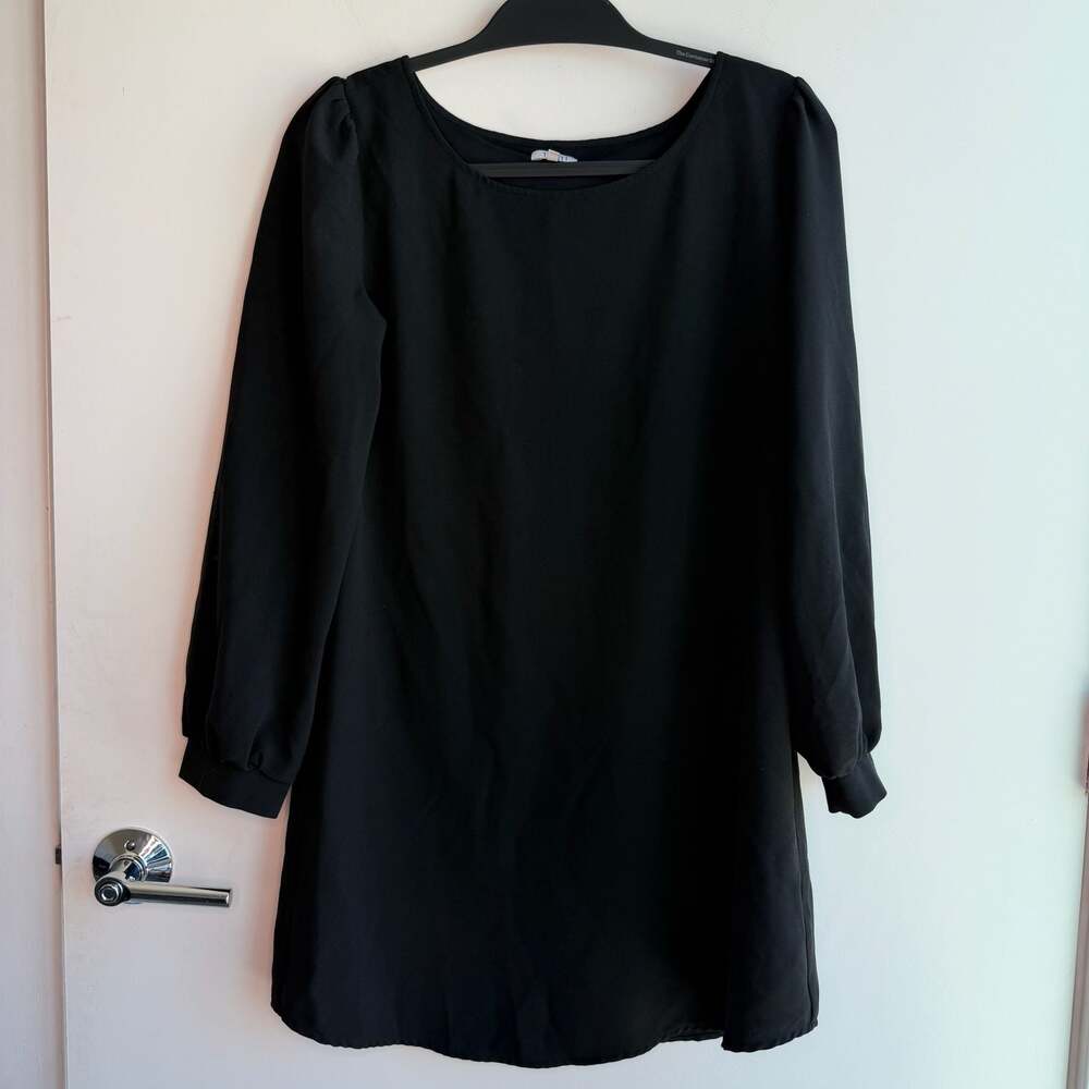 Tobi Long Sleeve Black Shift Mini Dress with Puff Shoulders